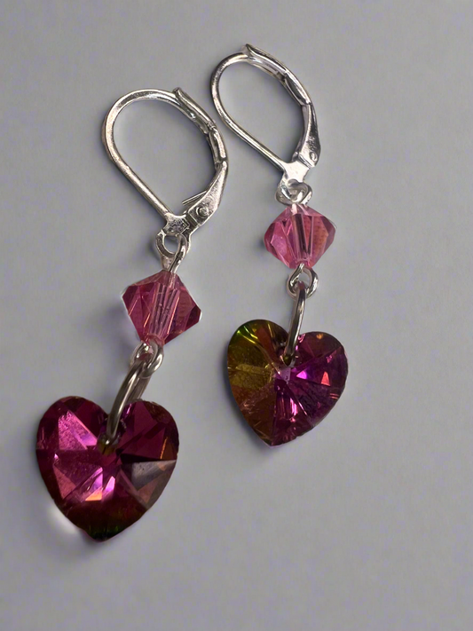 Aurora Borealis pink crystal heart earrings