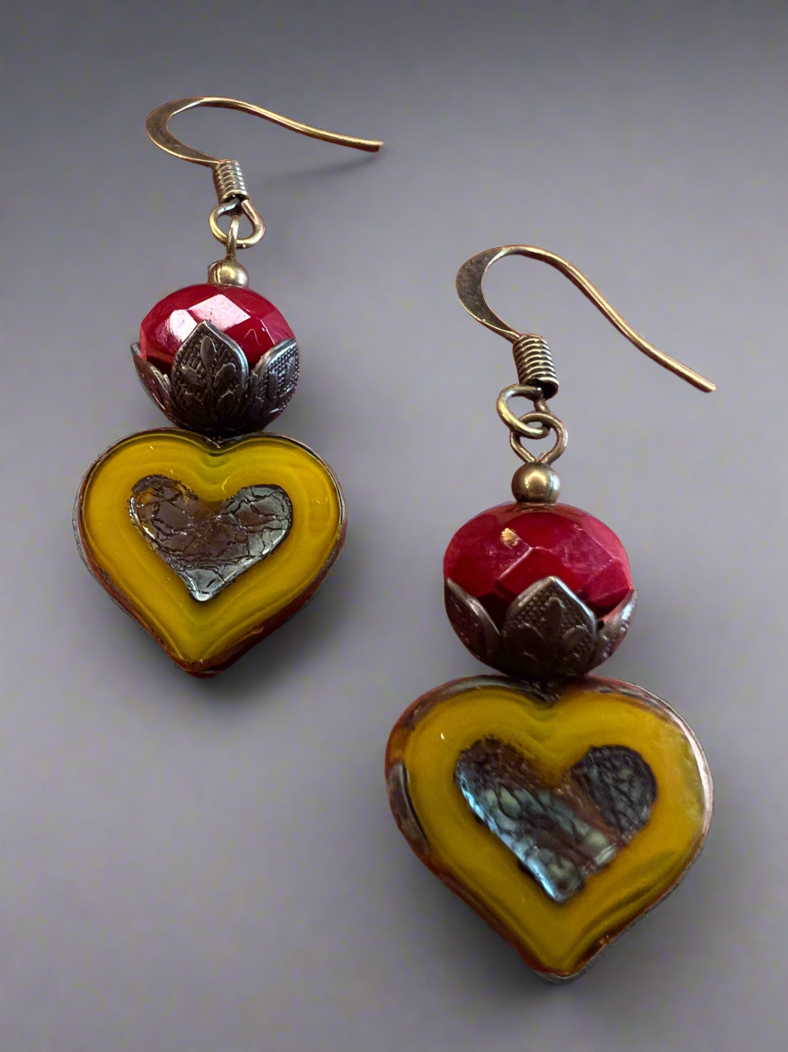 Mustard heart crowned earrings