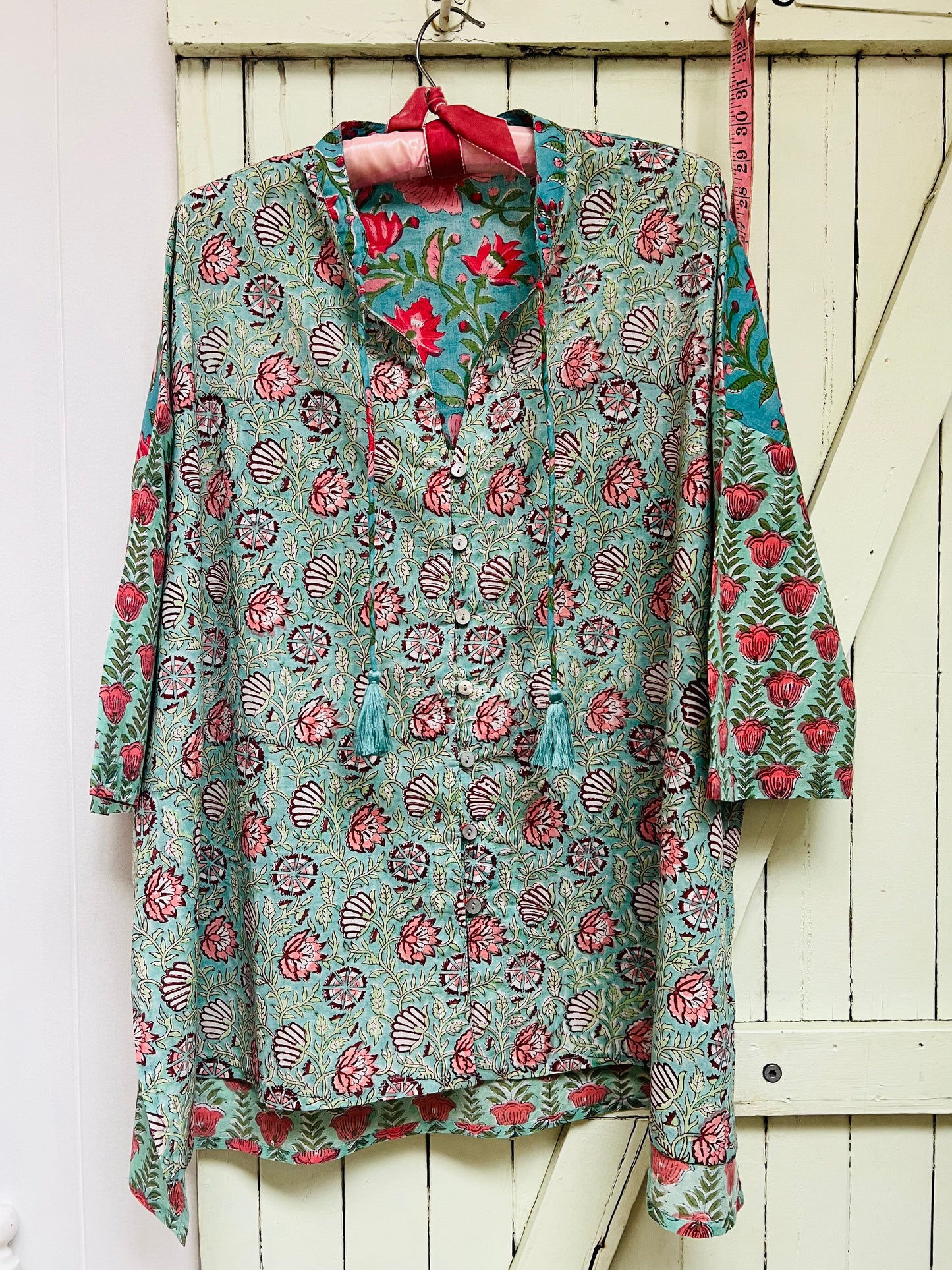 A) ‘Joy’ Block print cotton shirt