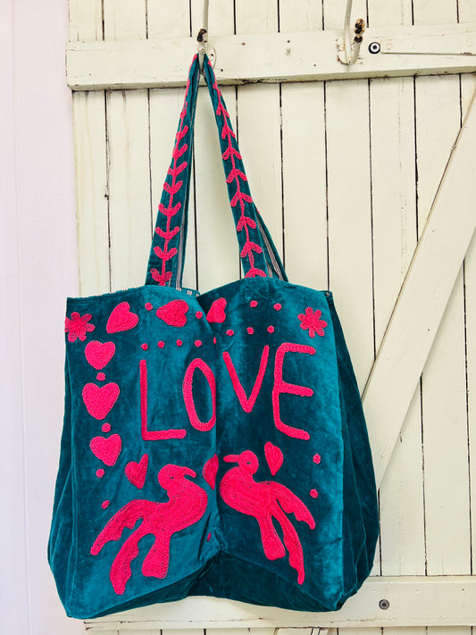 1) Velvet Carry all bag - Aqua/Hot pink