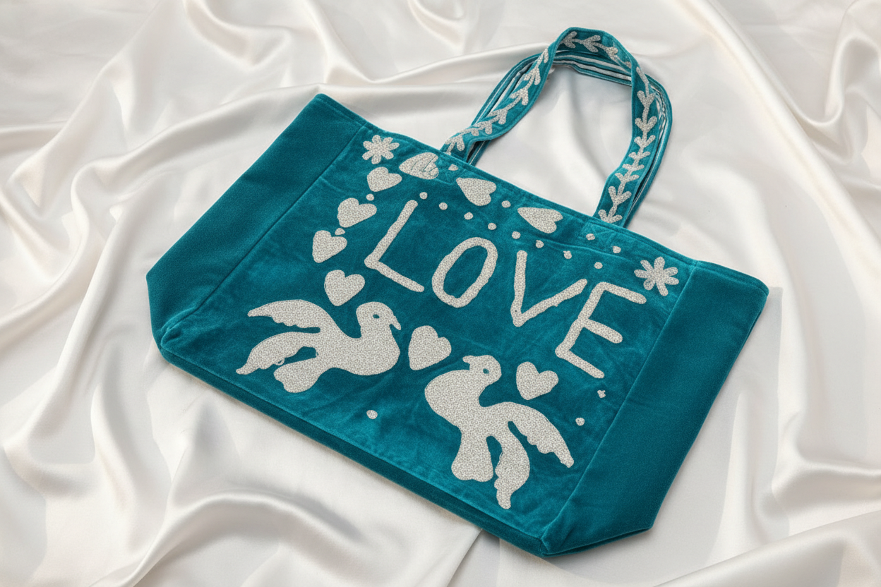 1) Velvet Carry all bag - Turquoise/Cream