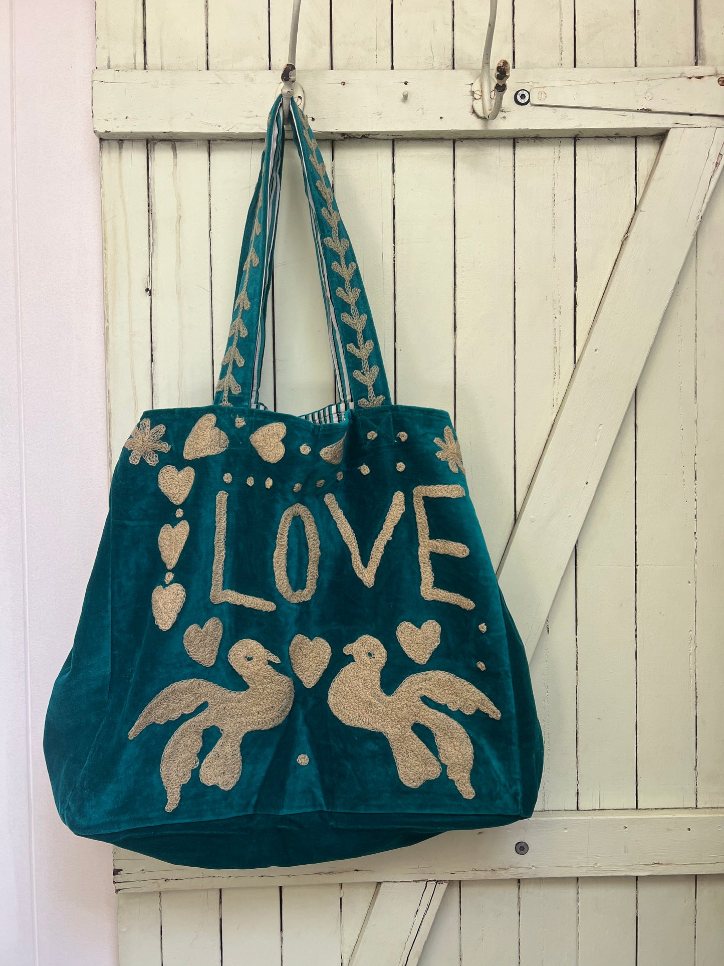 1) Velvet Carry all bag - Turquoise/Cream