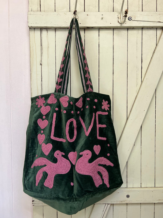 1) Velvet Carry All bag - Green/Dusty pink